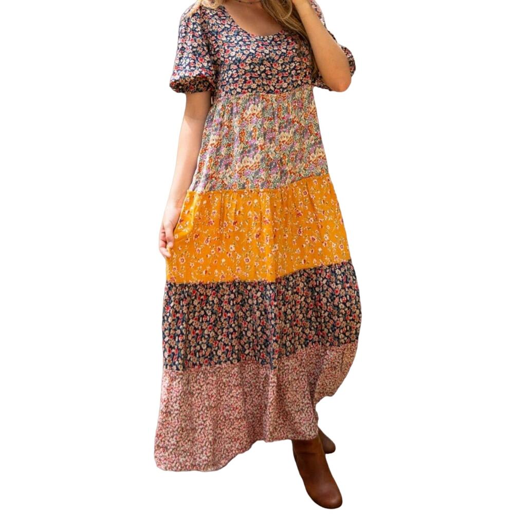 NATURAL LIFE Collette Tiered  Floral Tiered Maxi Dress XS Vibrant Yellow NWT